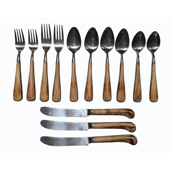 Aspen Trend Pacific Vintage Silverware Set Wood Handle Light & Dark Grain 13 PC - Picture 2 of 14